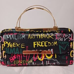 Alba MulticolorStylish Black Graffiti Clutch Crossbody Bag Detachable 27" Strap
